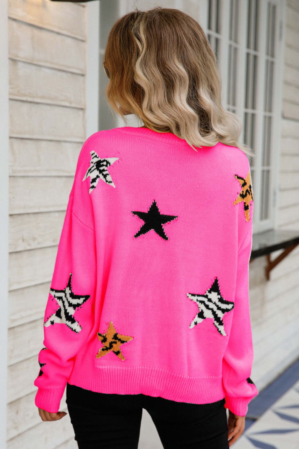 Angel Wings Star Pattern Round Neck Dropped Shoulder Sweater