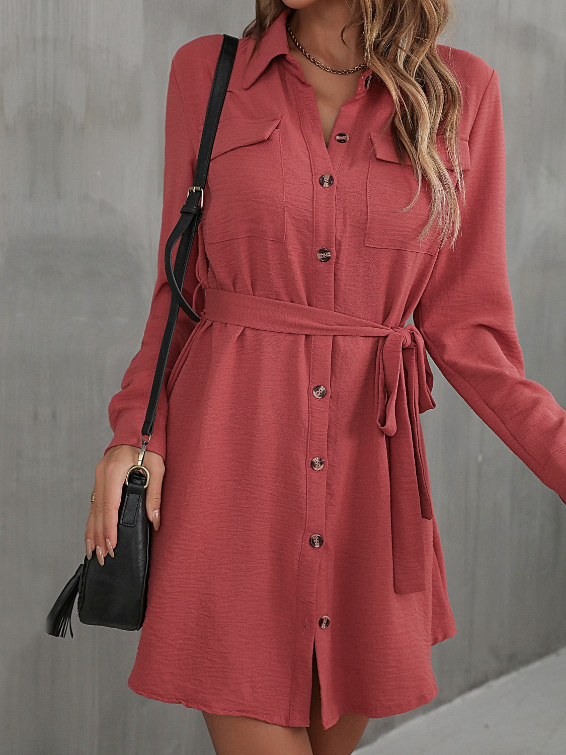 Perfee Button Down Belted Long Sleeve Shirt Dress