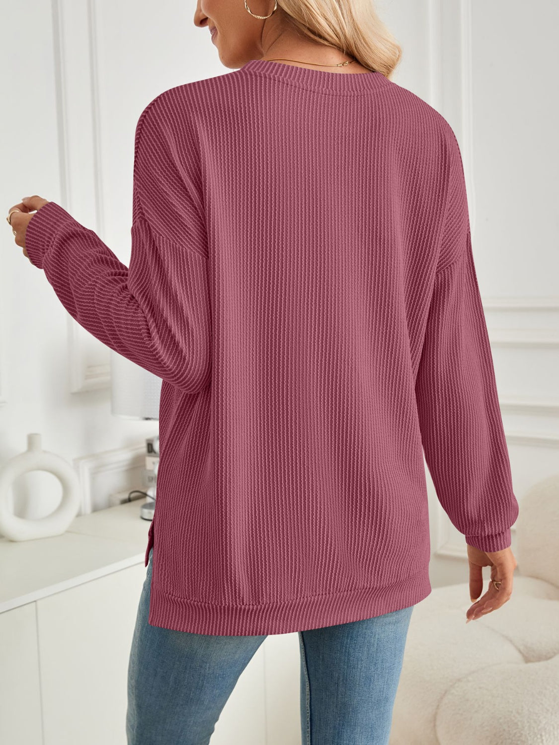 Lovelet Slit Round Neck Long Sleeve Sweatshirt