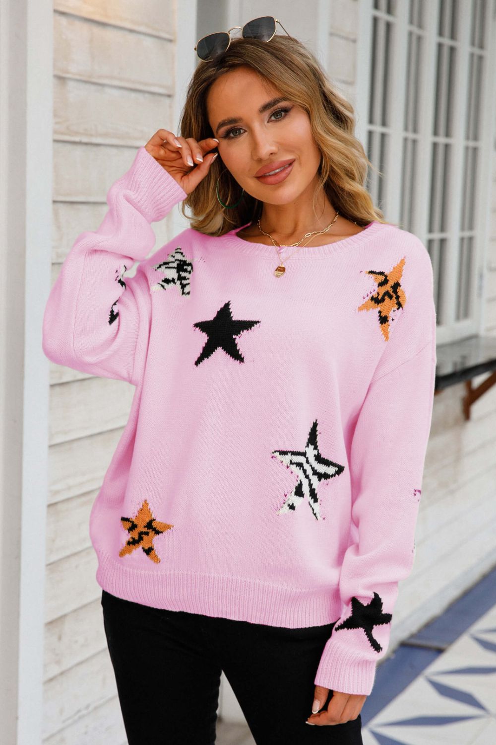 Angel Wings Star Pattern Round Neck Dropped Shoulder Sweater