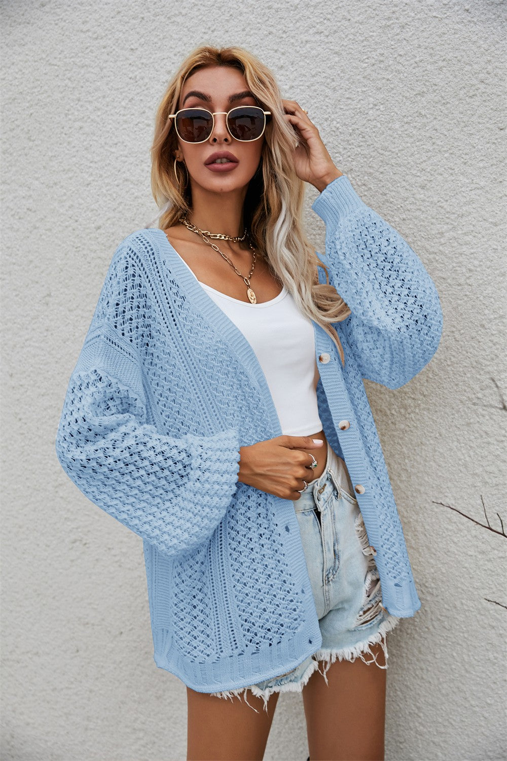 Angel Wings Openwork V-Neck Button Up Cardigan