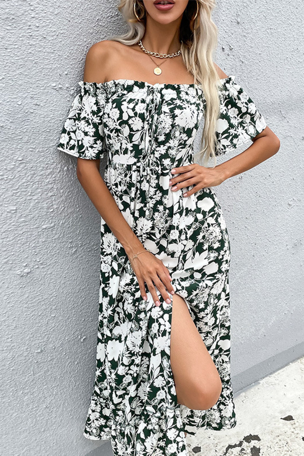 Perfee Floral Slit Off-Shoulder Midi Dress