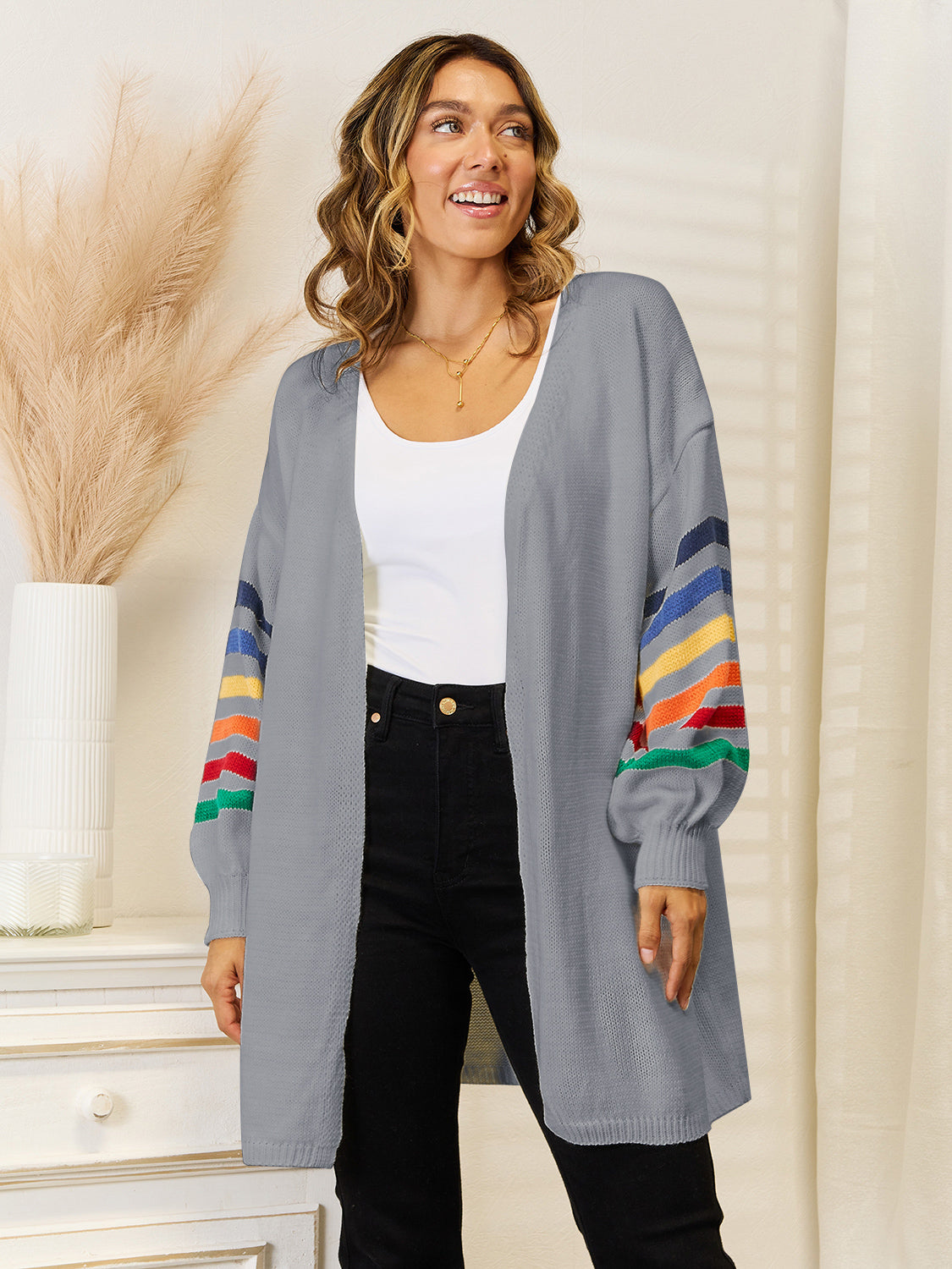 Angel Wings Striped Open Front Dropped Shoulder Cardigan