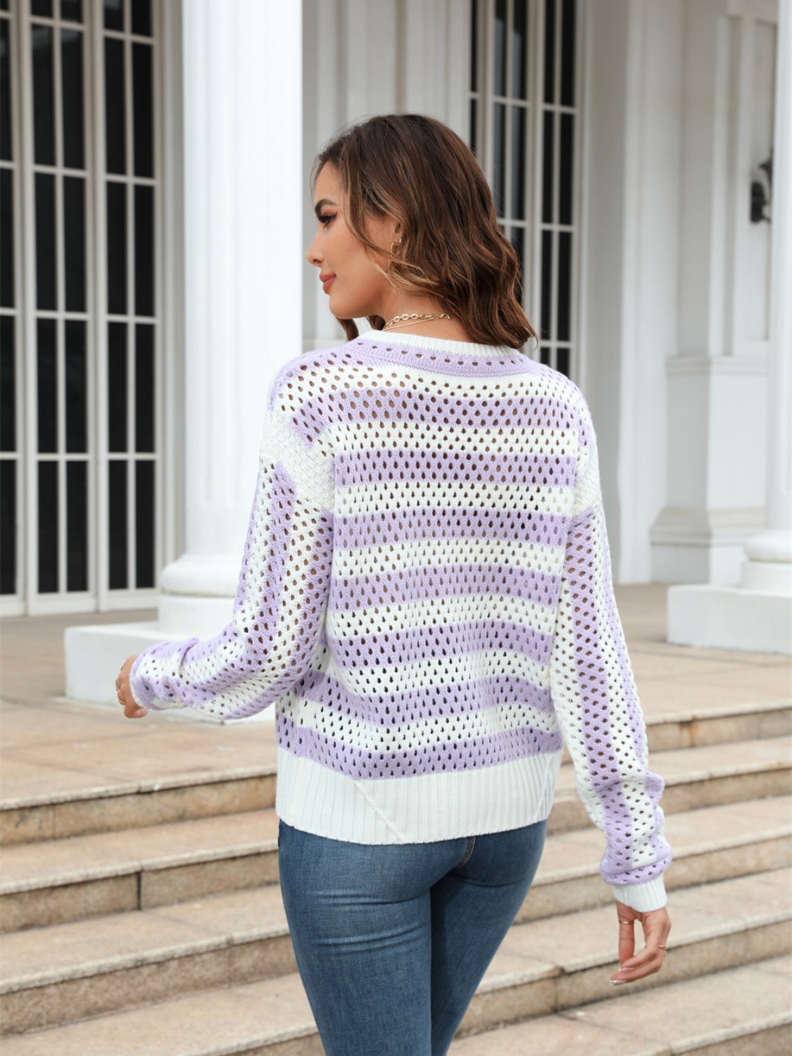 Angel Wings Striped Openwork Round Neck Sweater