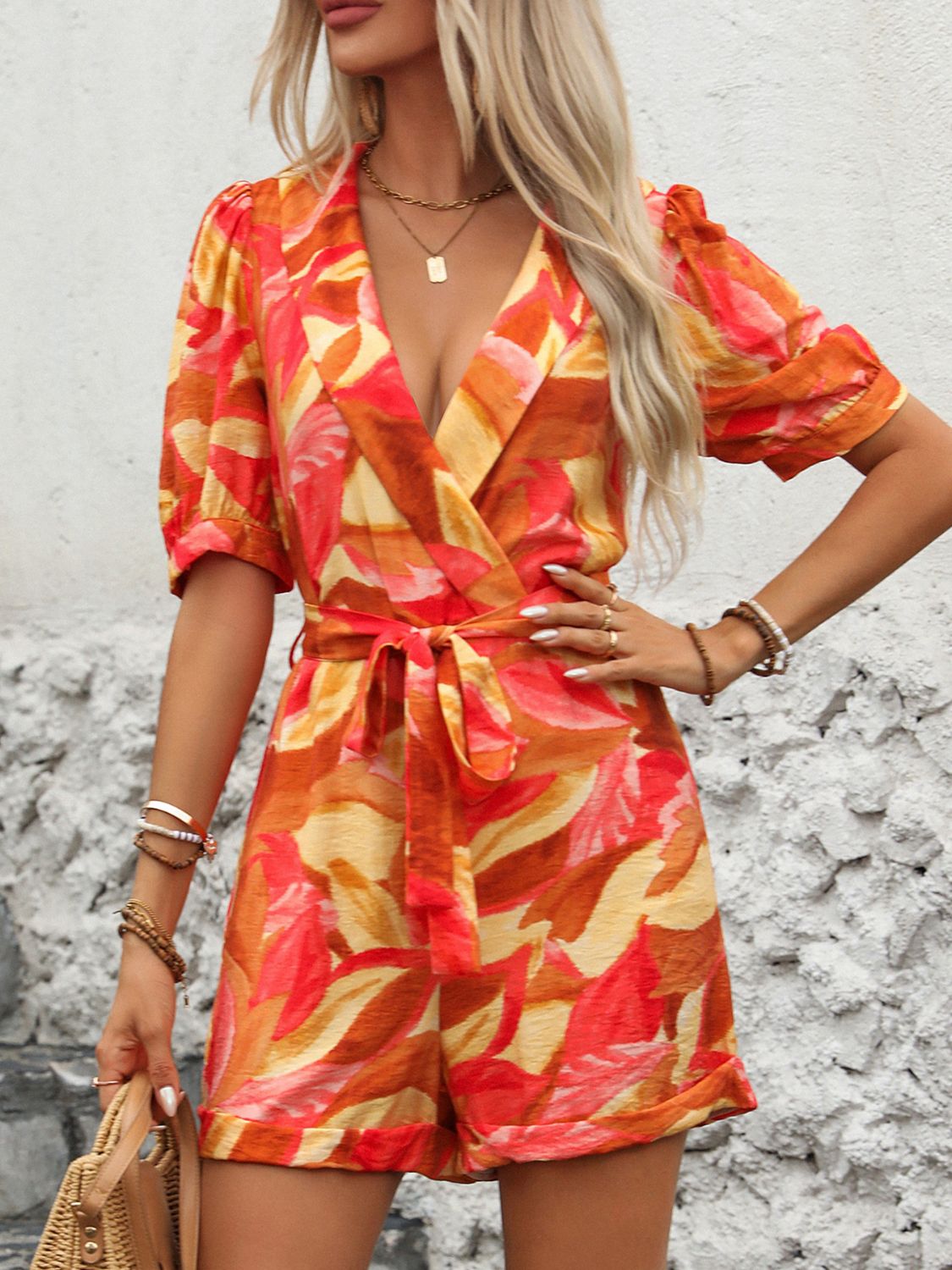 Perfee Printed Surplice Half Sleeve Romper