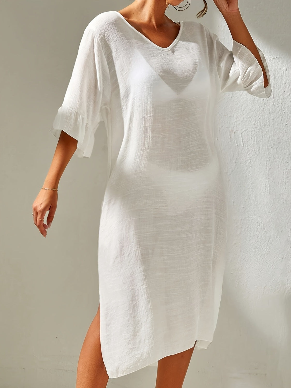 Slit V-Neck Flounce Sleeve Cover-Up