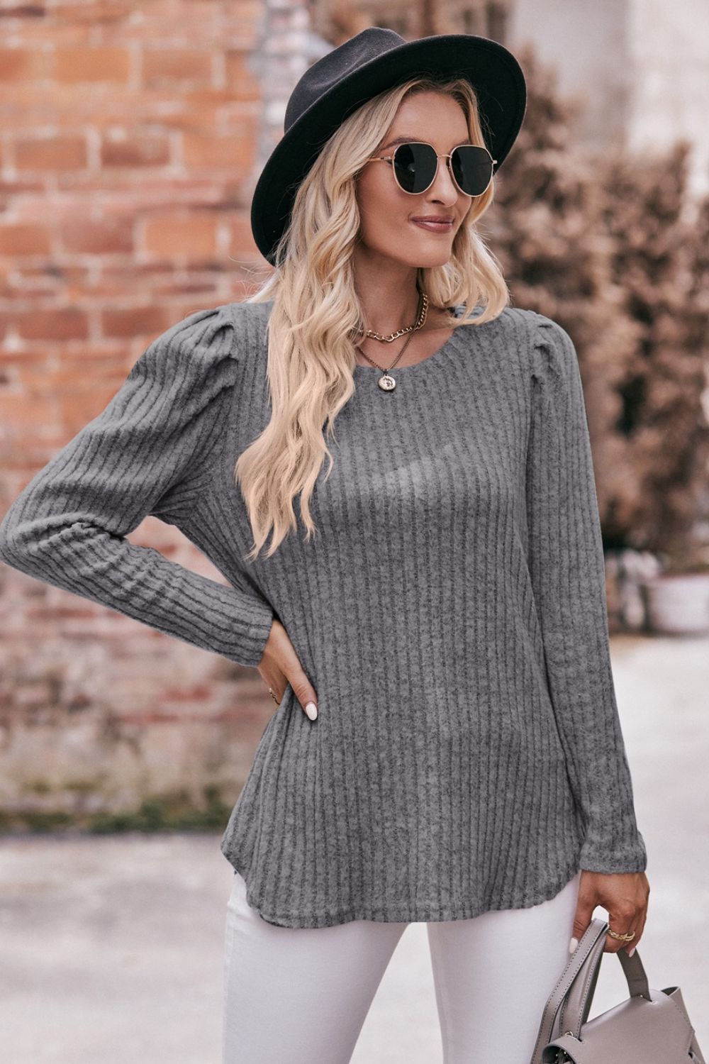 Mandy Round Neck Puff Sleeve Ribbed Top