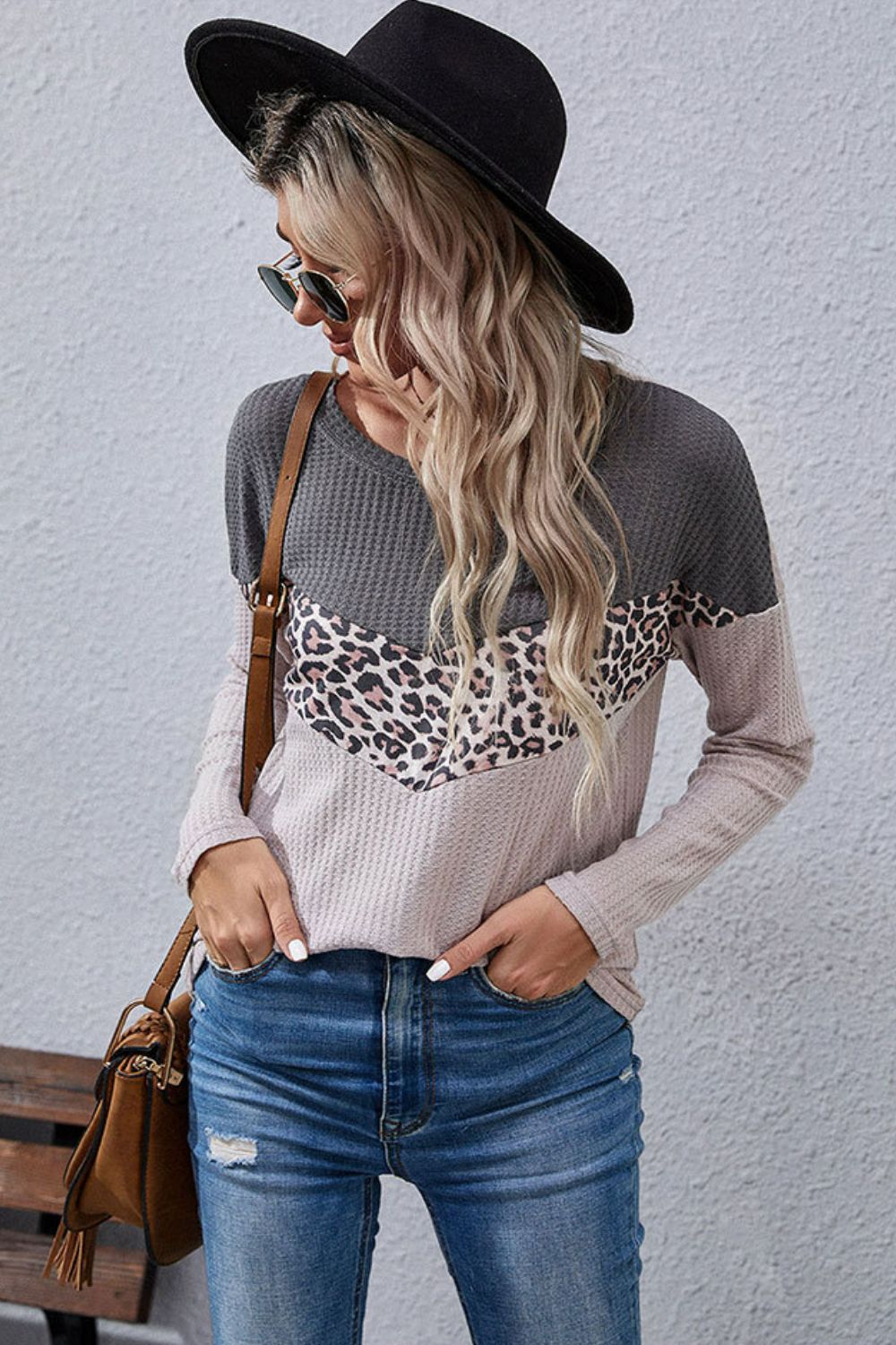 Perfee Leopard Color Block Waffle-Knit Long Sleeve Top