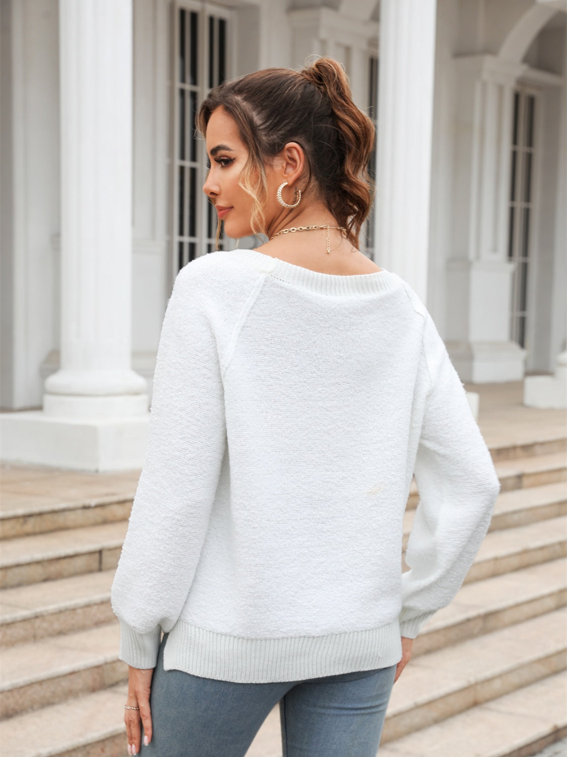 Angel Wings Round Neck Ribbed Trim Sweater