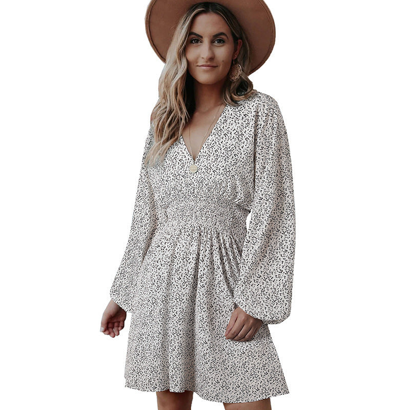 Polka Print Long Sleeve Dress V Neck Lantern Sleeve Pleated Waist Slim A-line Dress Women's Clothing