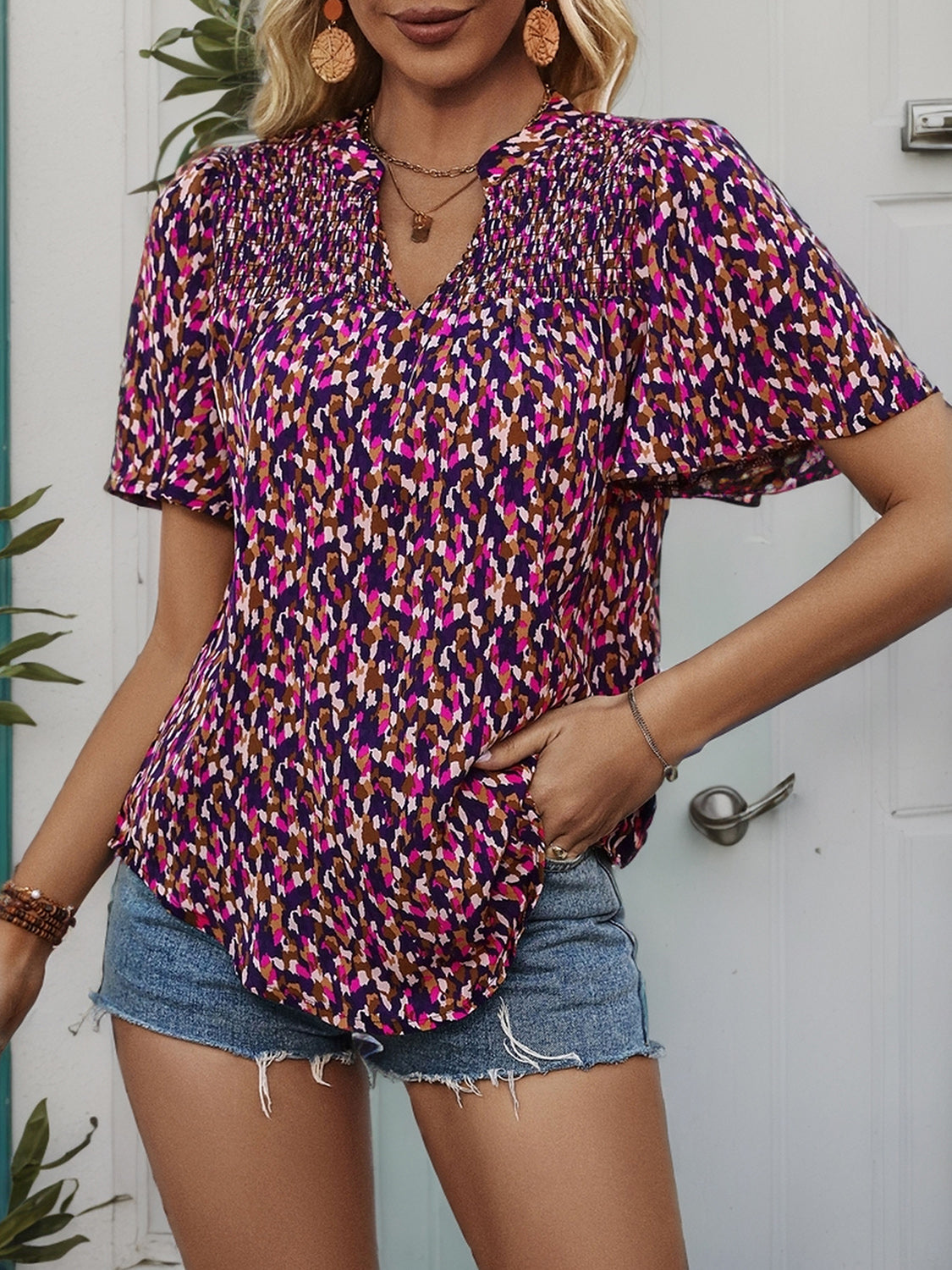 Perfee Printed Notched Flutter Sleeve Blouse