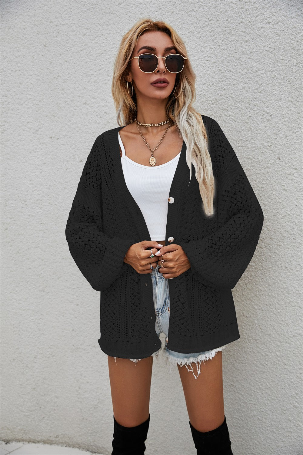 Angel Wings Openwork V-Neck Button Up Cardigan