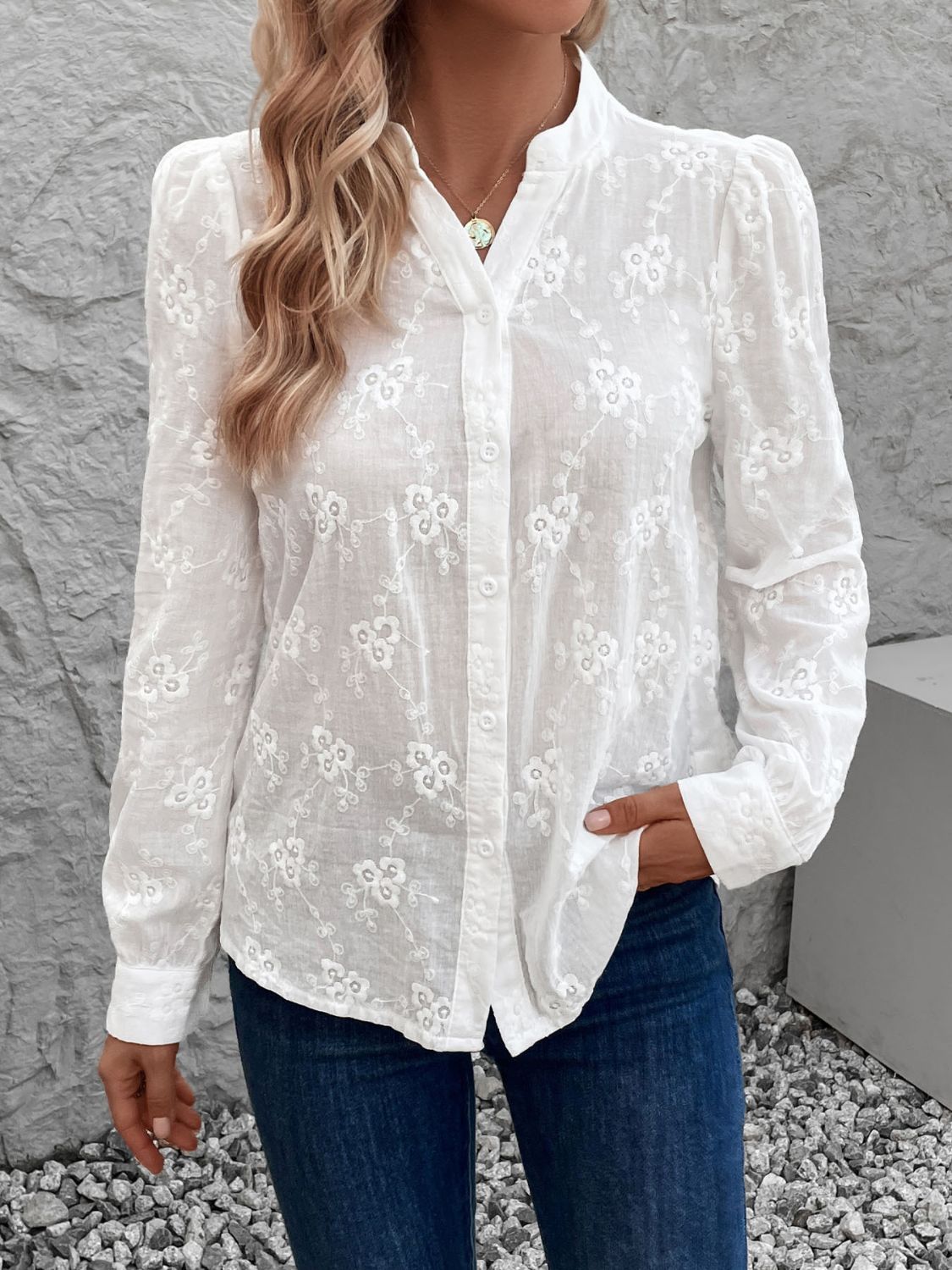 Perfee Notched Long Sleeve Shirt