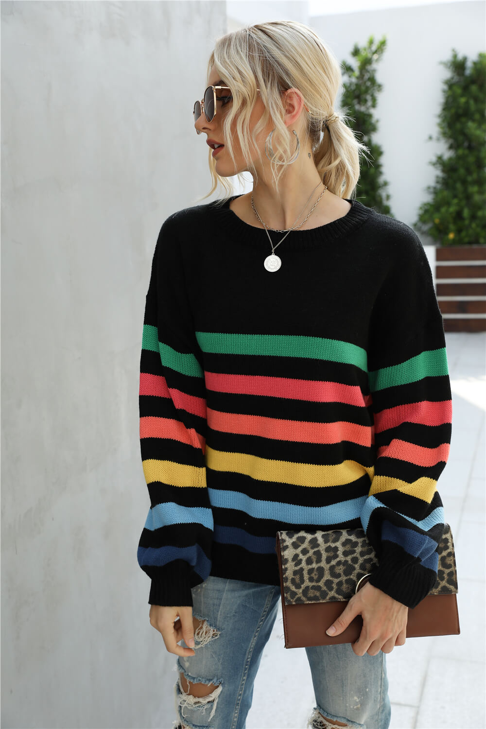 Angel Wings Rainbow Stripe Dropped Shoulder Sweater