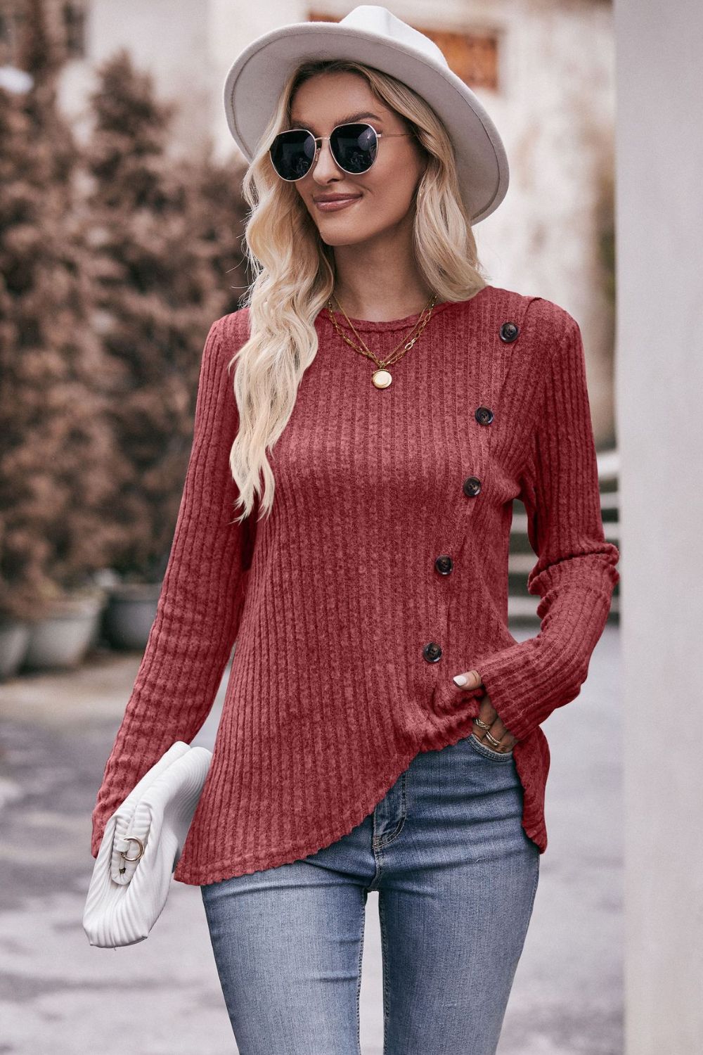 Mandy Ribbed Round Neck Buttoned Long Sleeve Tee