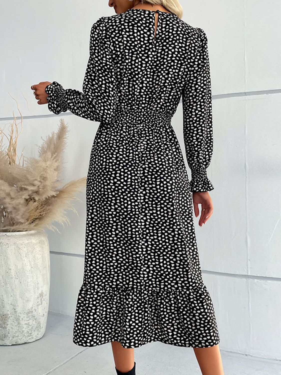 Perfee Printed Flounce Sleeve V-Neck Midi Dress