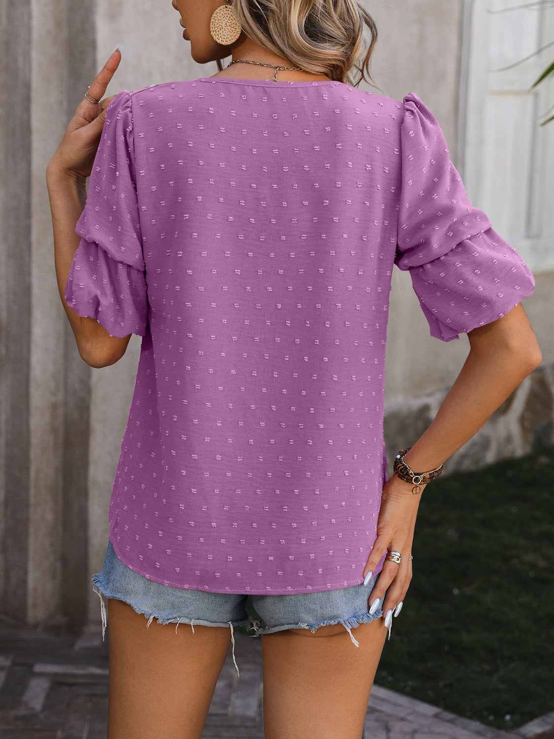 Mandy Swiss Dot V-Neck Short Sleeve Blouse