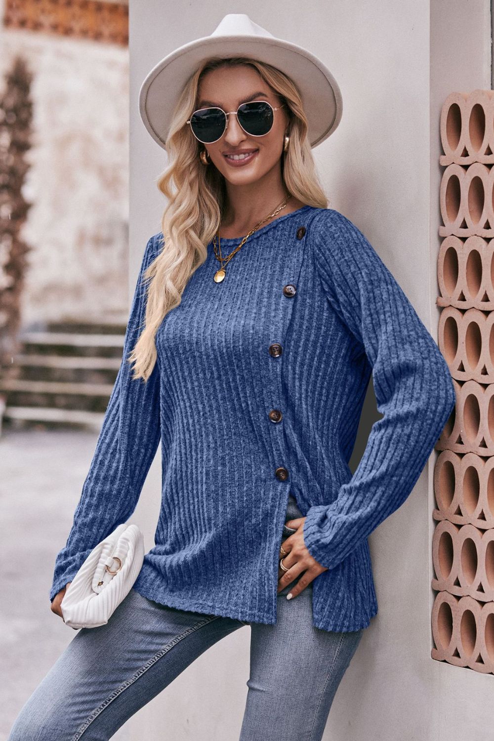 Mandy Ribbed Round Neck Buttoned Tee