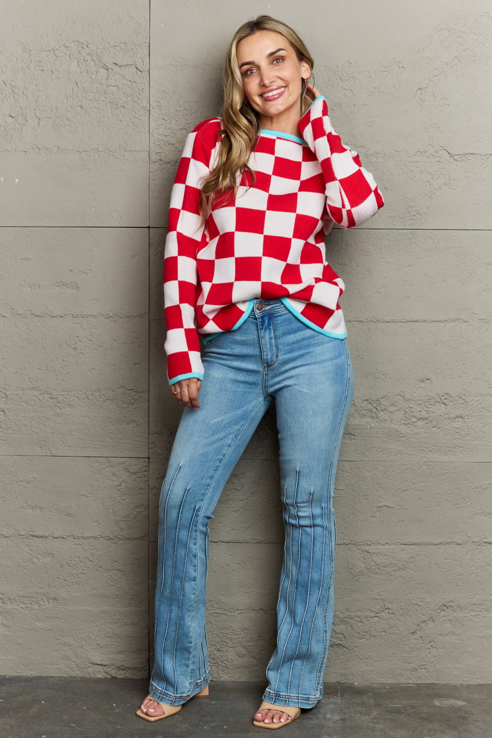 Angel Wings Checkered Round Neck Sweater