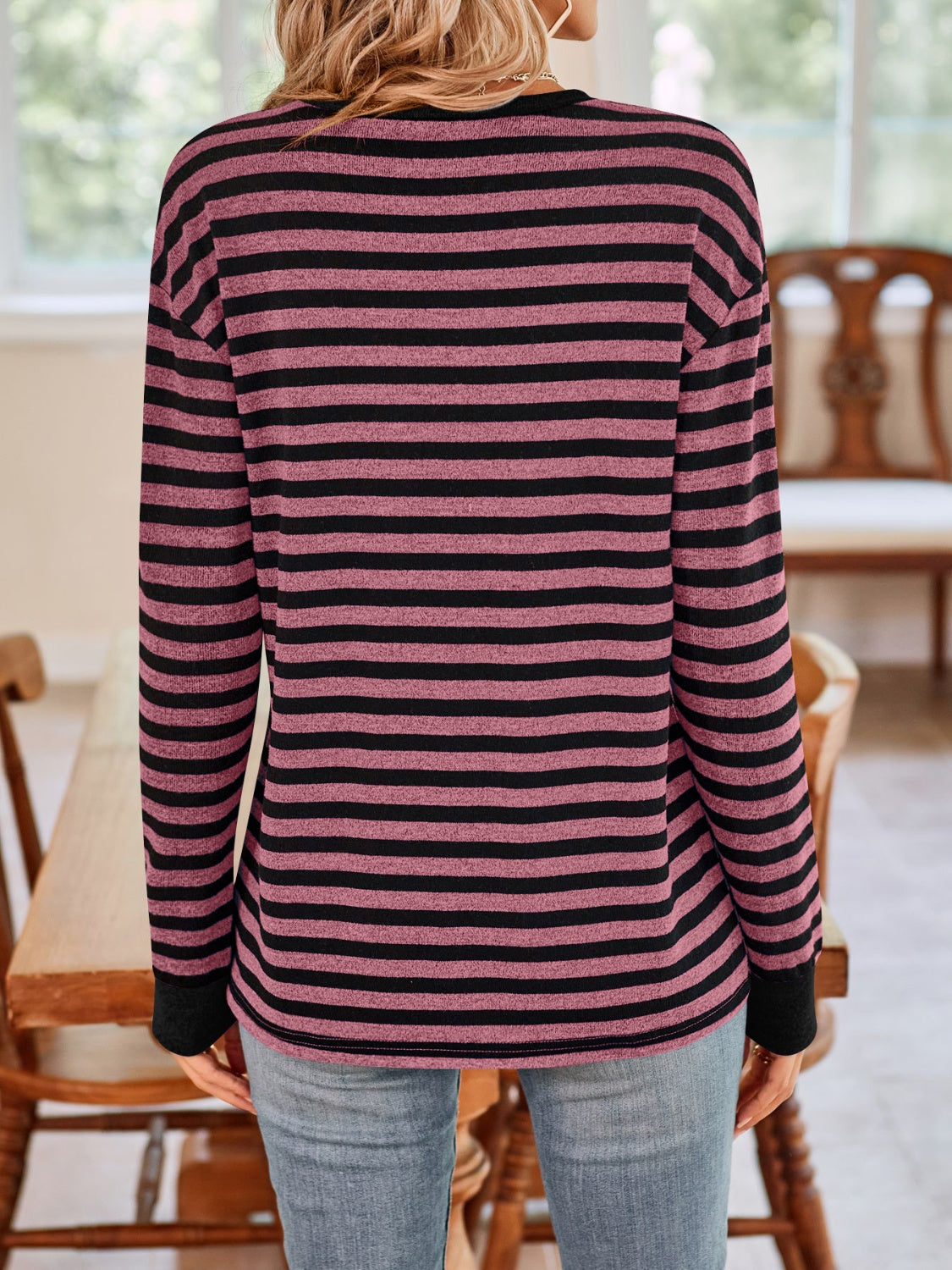 Lovelet Striped Round Neck Long Sleeve T-Shirt