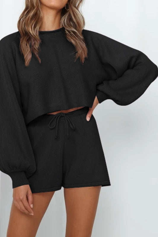 Mandy Round Neck Long Sleeve Top and Drawstring Shorts Lounge Set