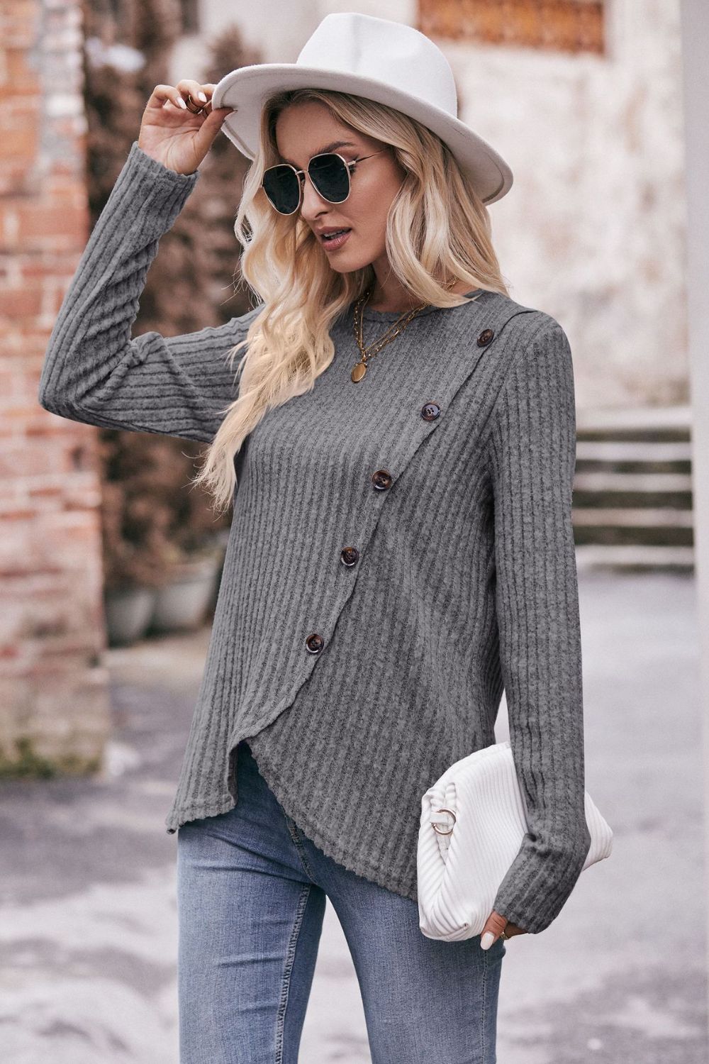 Mandy Ribbed Round Neck Buttoned Long Sleeve Tee