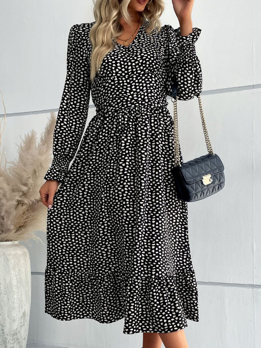 Perfee Printed Flounce Sleeve V-Neck Midi Dress