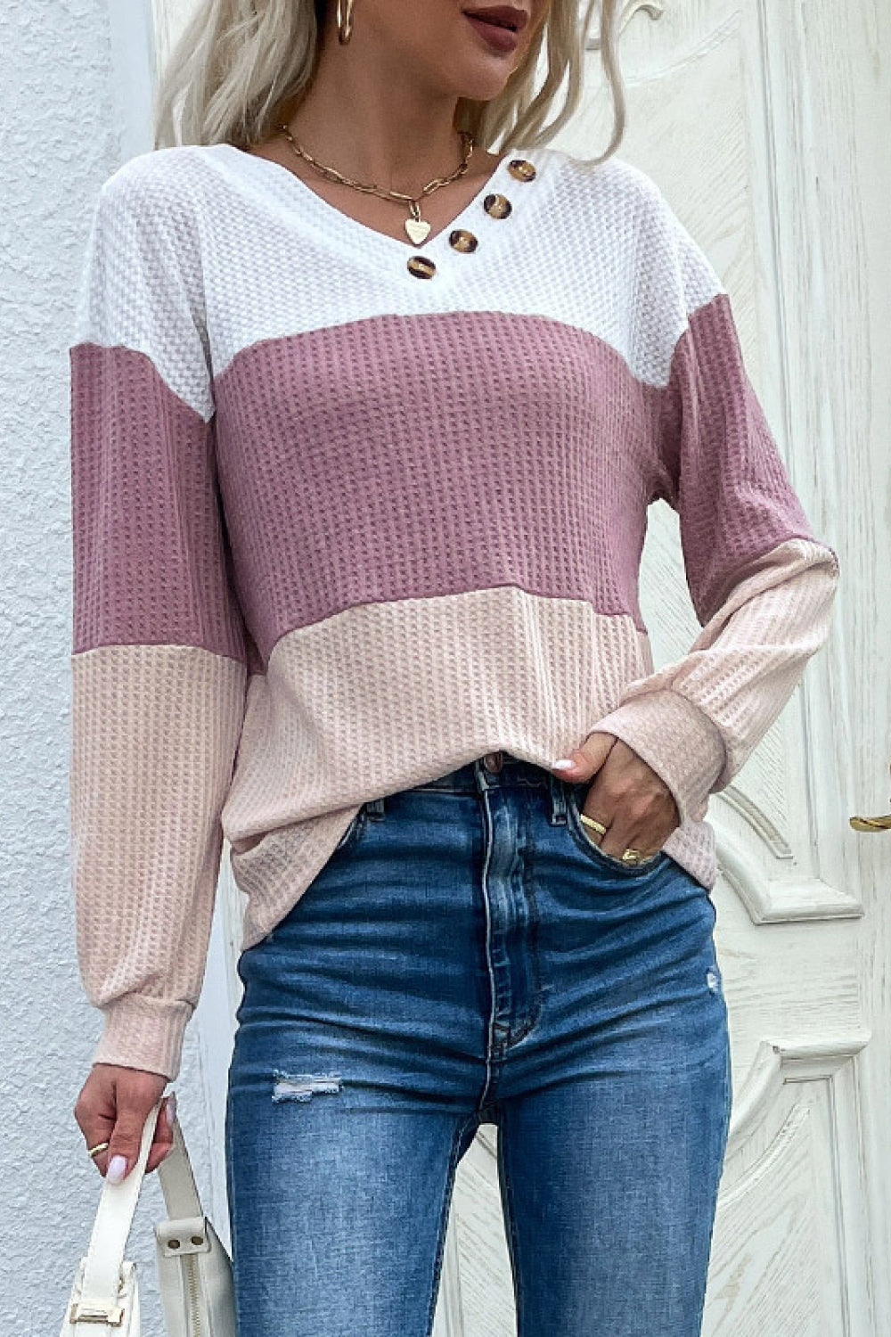 Perfee Color Block Waffle Knit Button Detail Top