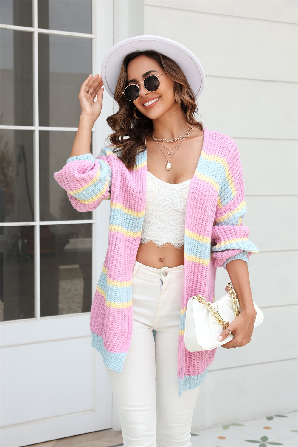 Angel Wings Color Block Ribbed Dropped Shoulder Open Front Cardigan