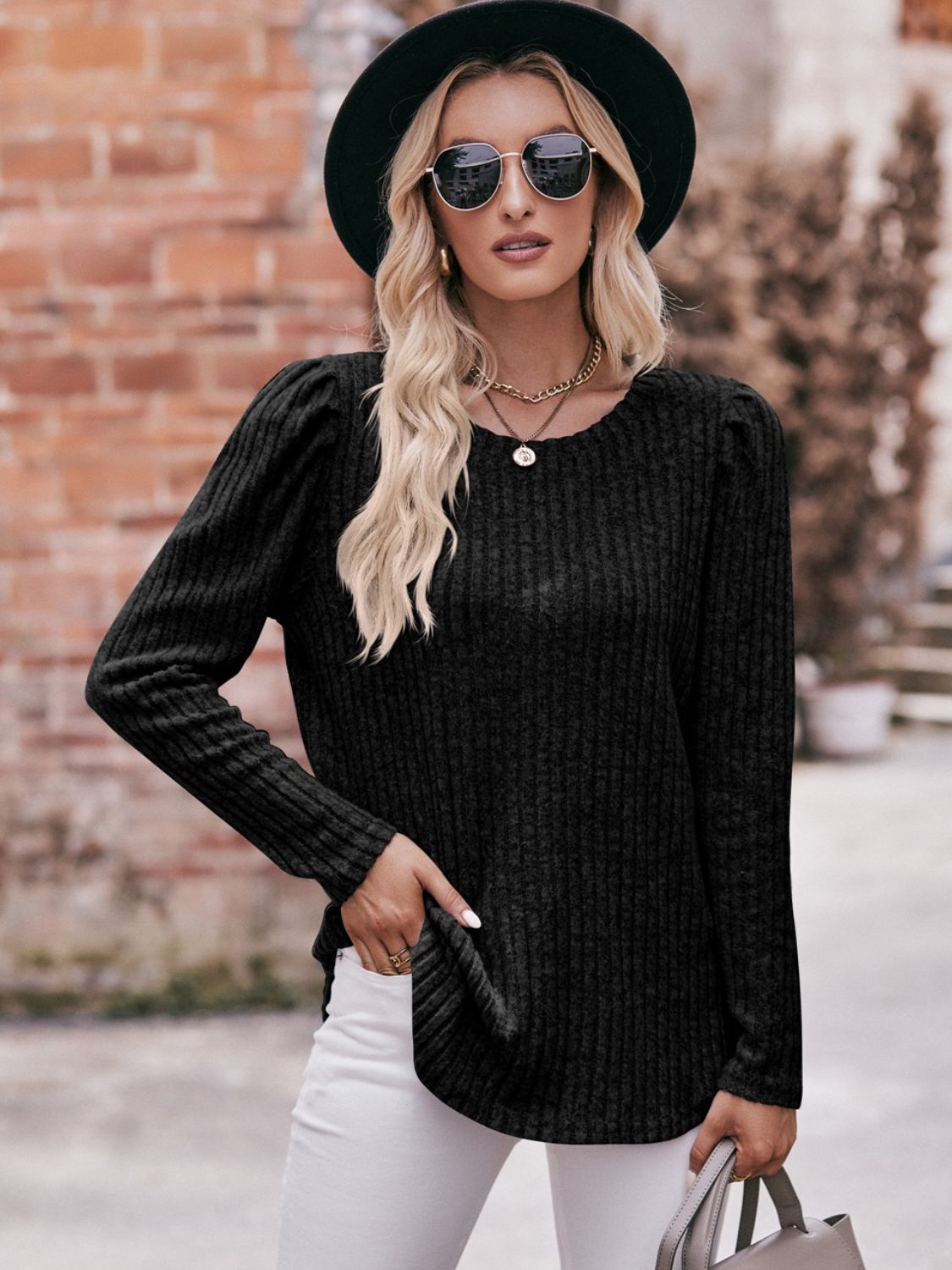 Mandy Round Neck Puff Sleeve Ribbed Top