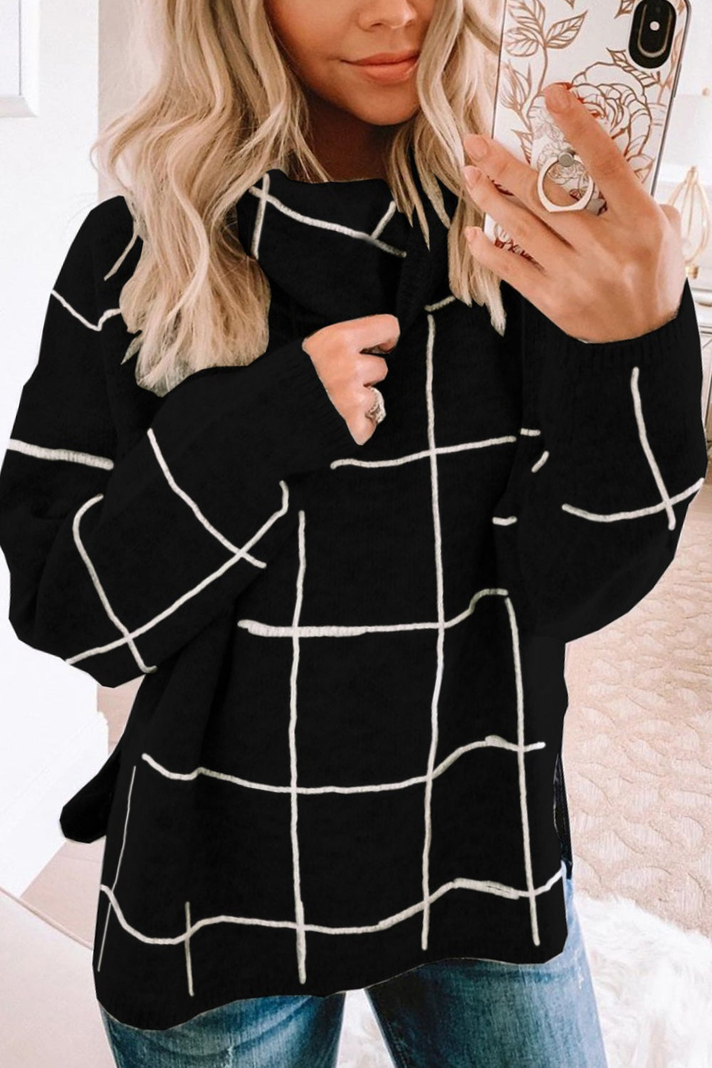 Angel Wings Plaid Turtleneck Drop Shoulder Sweater