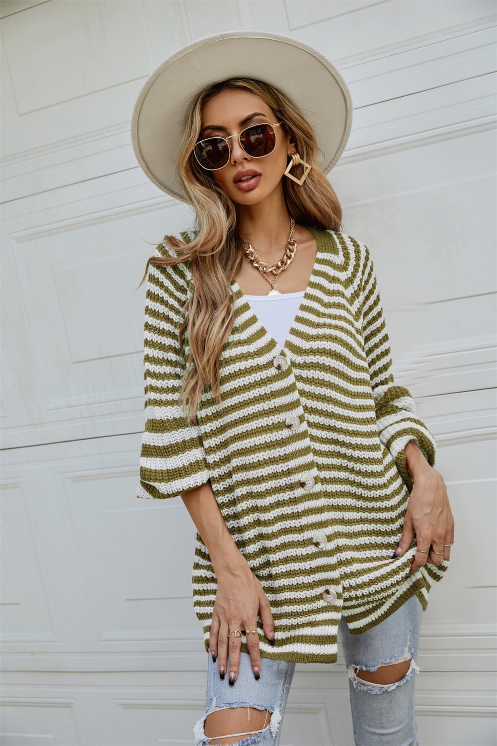 Angel Wings Striped Button Up Long Sleeve Cardigan