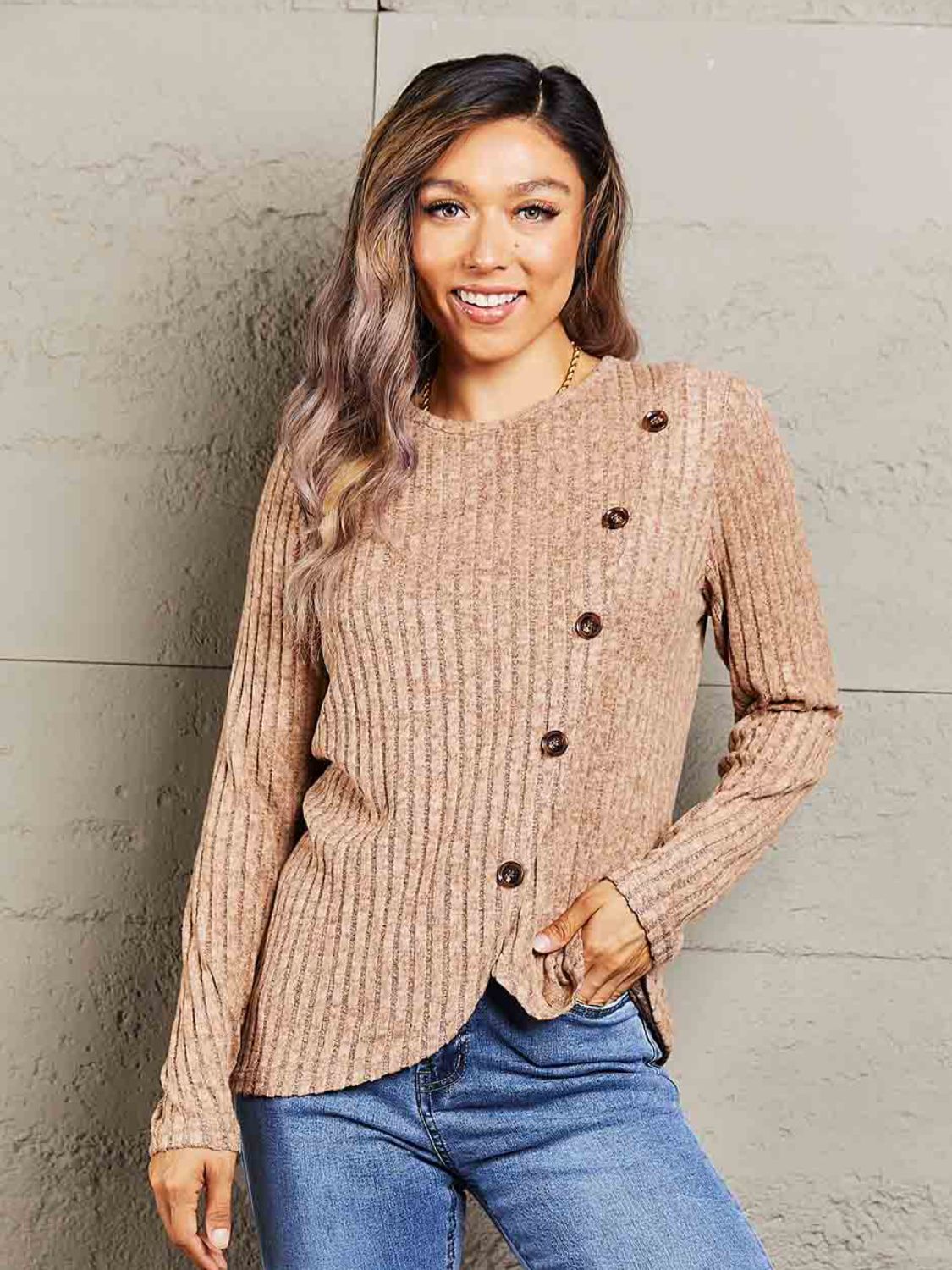 Mandy Ribbed Round Neck Buttoned Long Sleeve Tee