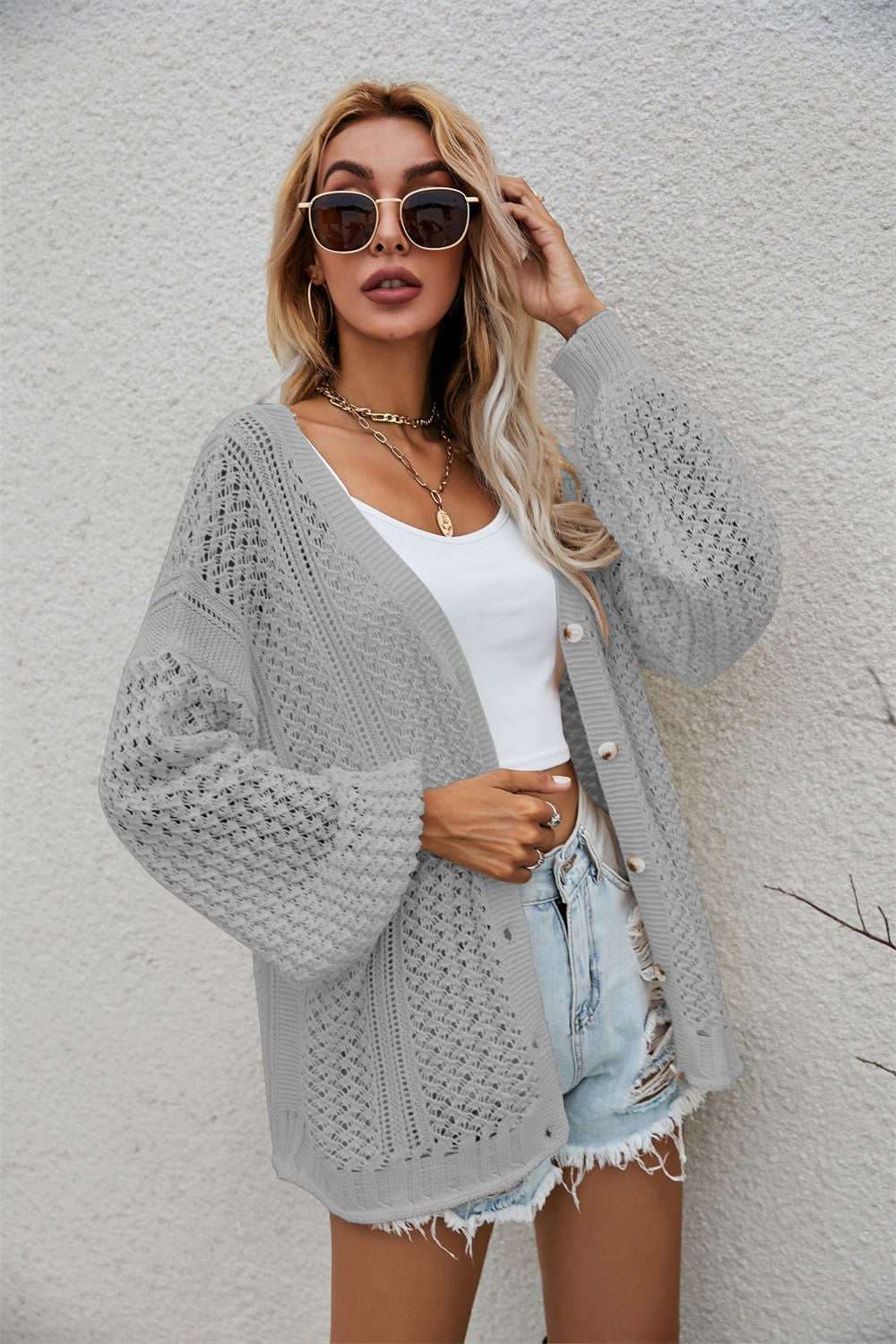 Angel Wings Openwork V-Neck Button Up Cardigan