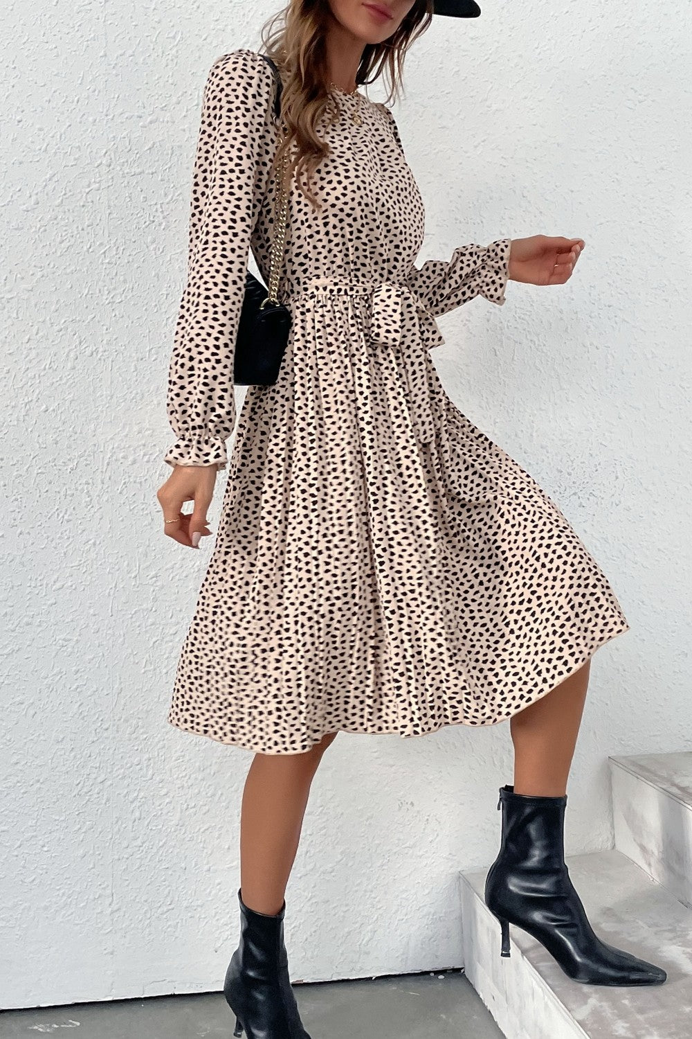 Perfee Printed Round Neck Belted Pleated Dress