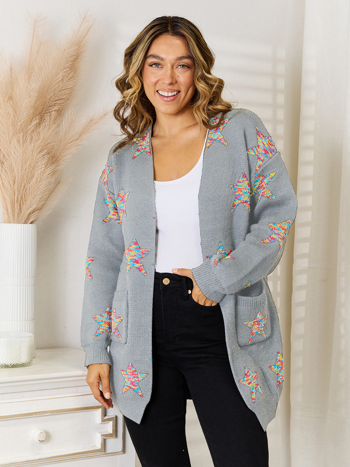 Angel Wings Star Pattern Open Front Cardigan with Pockets