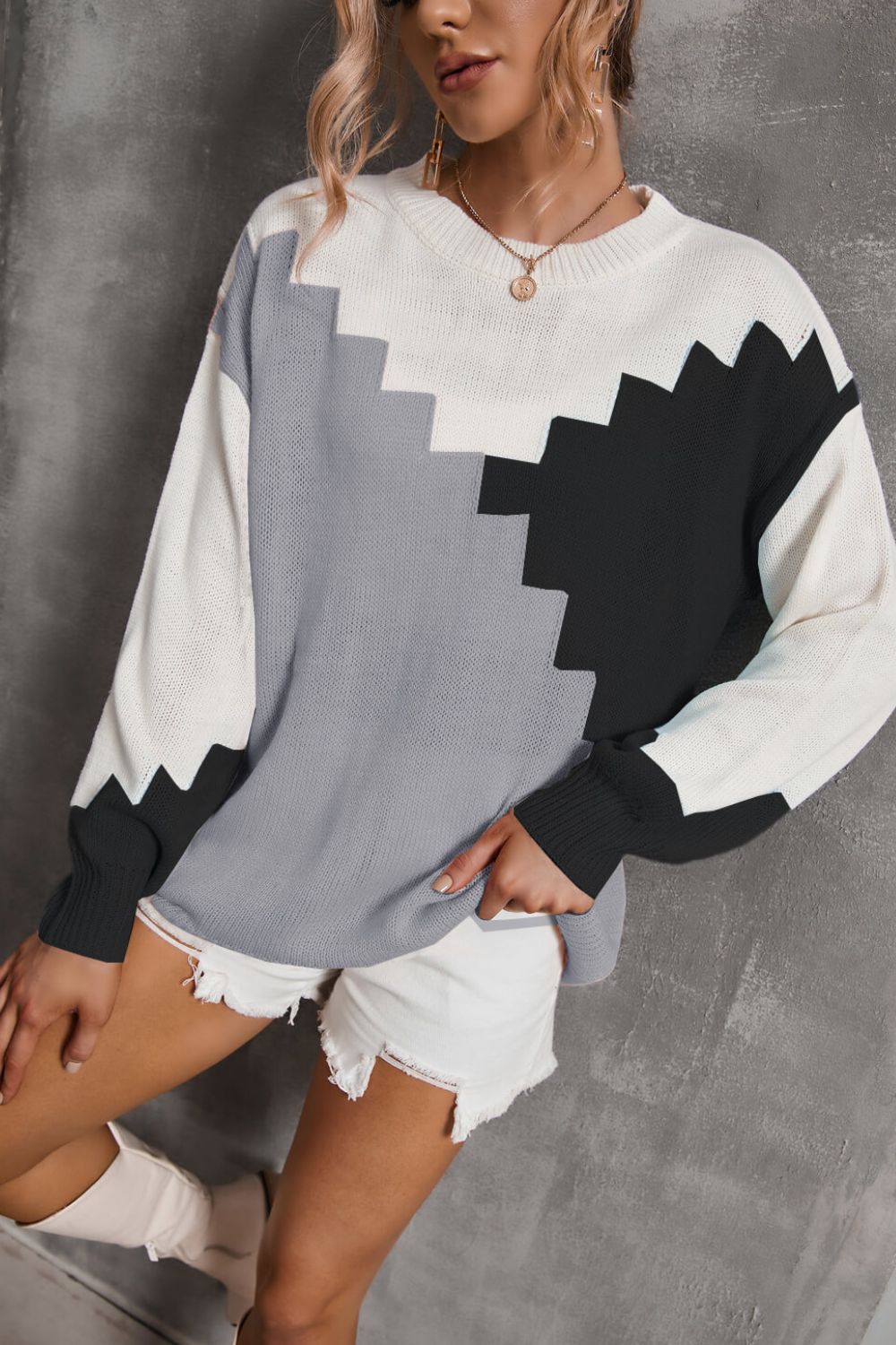 Angel Wings Color Block Dropped Shoulder Knit Pullover