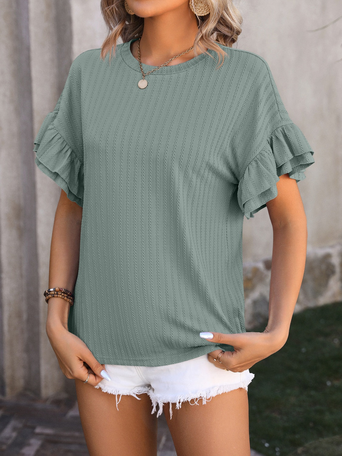 Mandy Ruffled Round Neck Short Sleeve Blouse