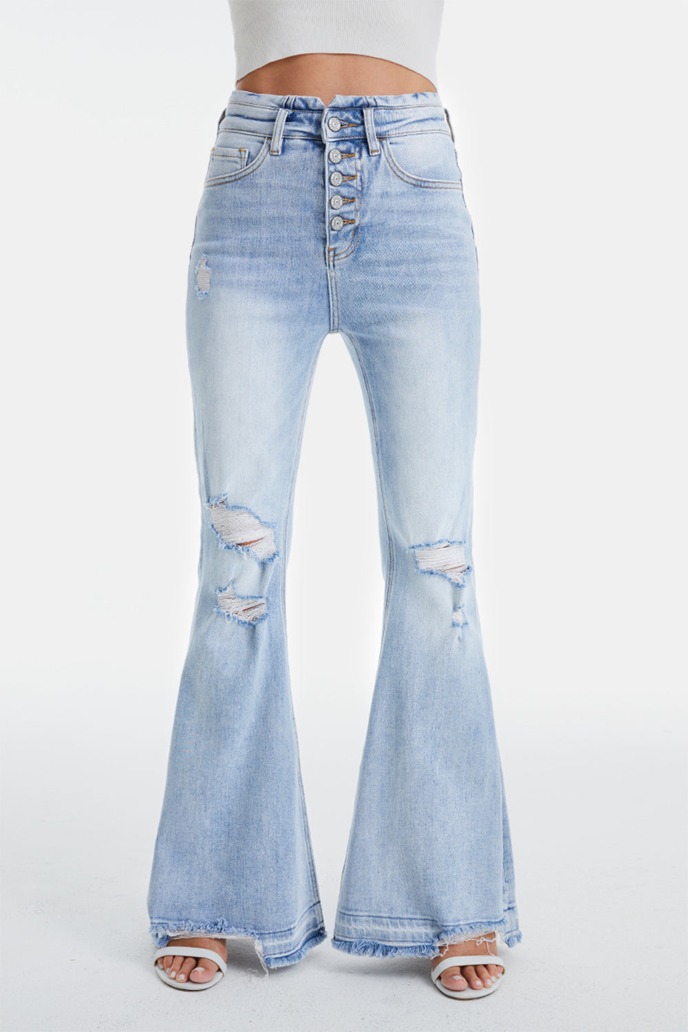 BAYEAS Full Size Distressed Raw Hem High Waist Flare Jeans