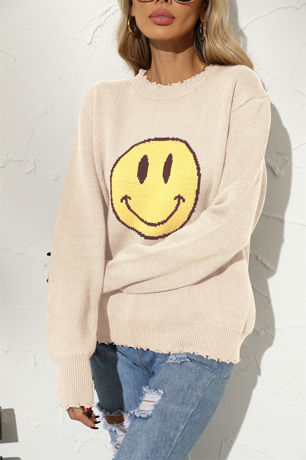 Angel Wings Round Neck Long Sleeve Smily Face Graphic Sweater