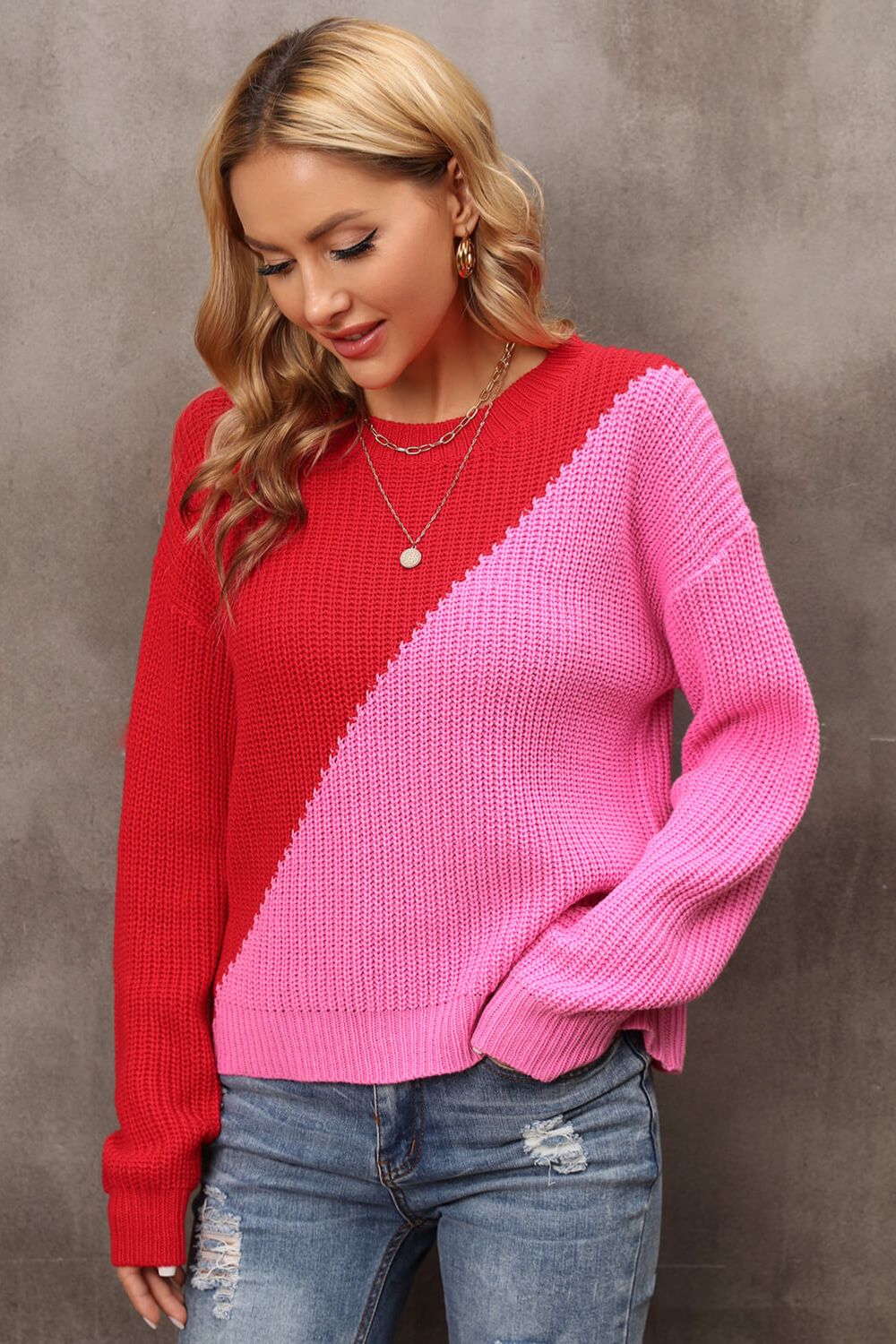 Angel Wings Two-Tone Round Neck Dropped Shoulder Sweater