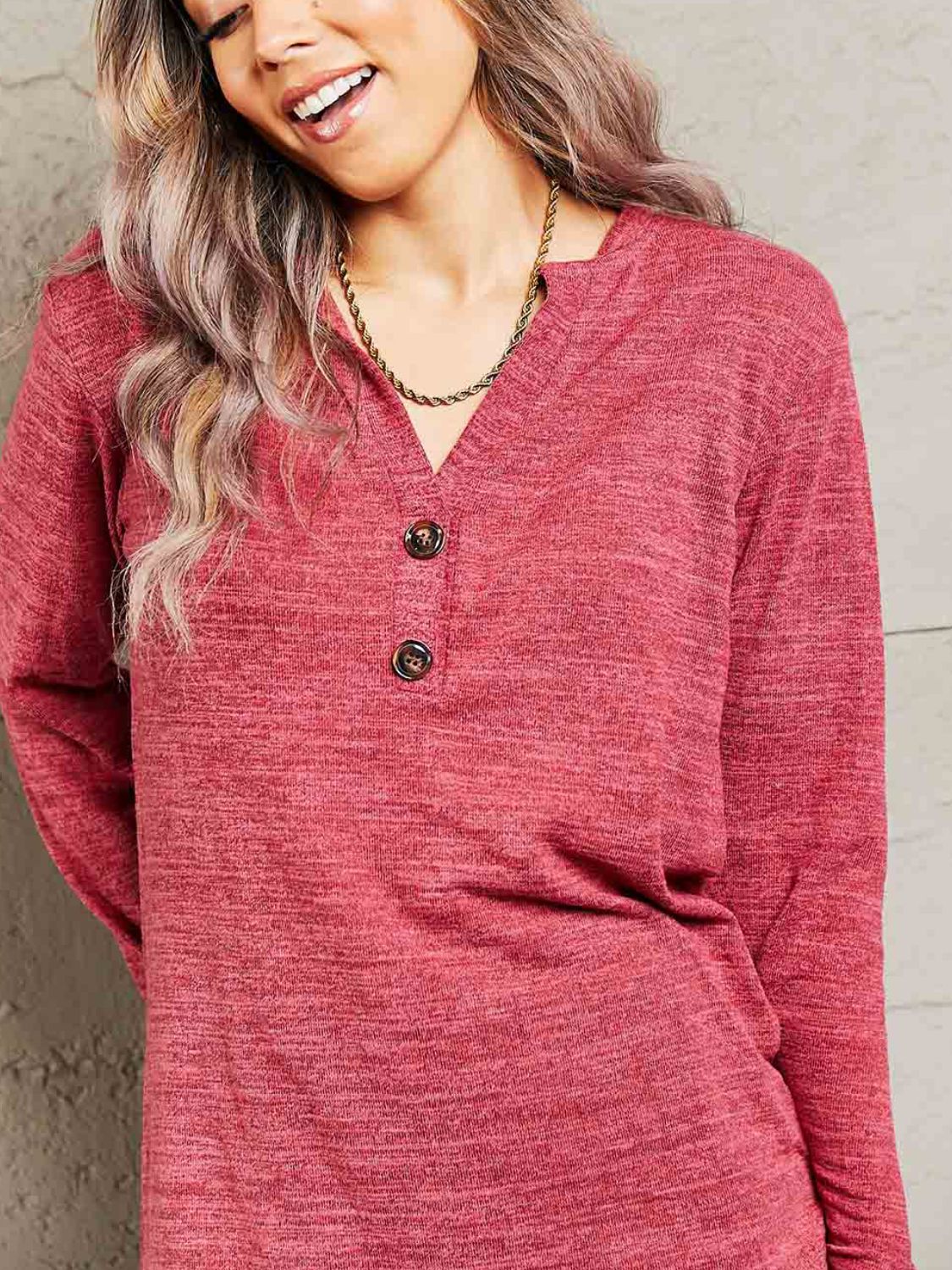 Mandy Buttoned Notched Neck Long Sleeve Top