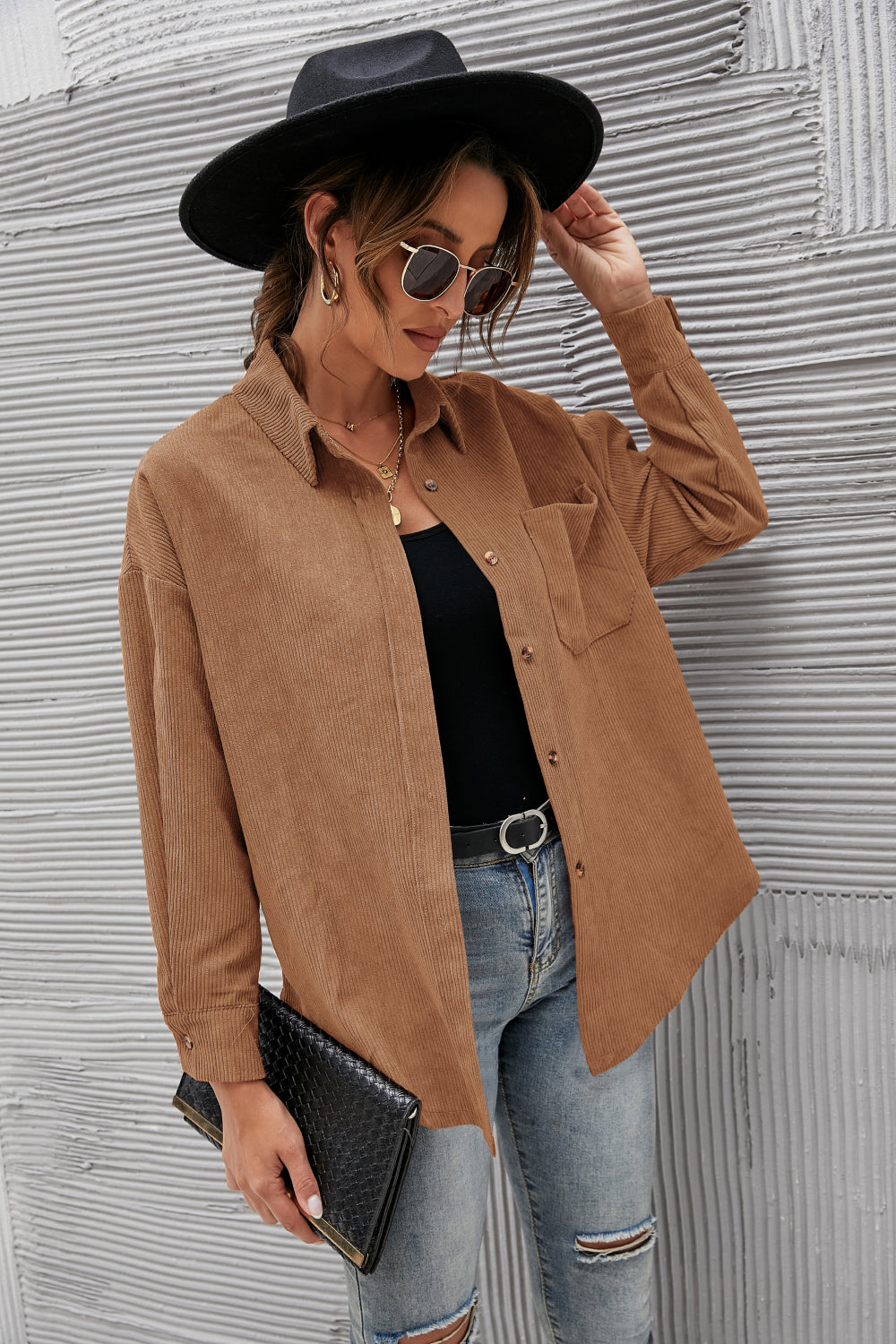 Mandy Button Front Drop Shoulder Corduroy Shirt