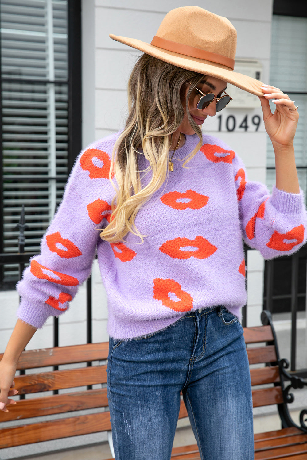 Angel Wings Printed Round Neck Long Sleeve Fuzzy Sweater