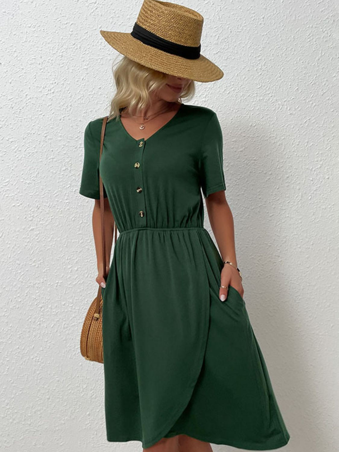 Perfee V-Neck Short Sleeve Split Dress