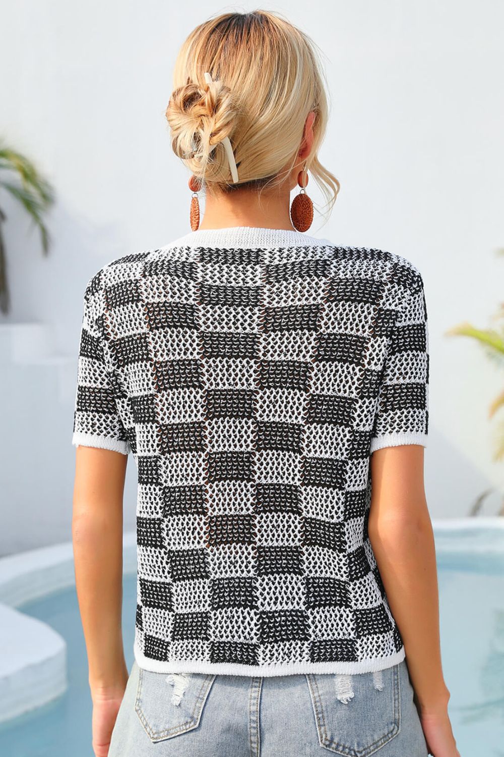 Angel Wings Checkered Short Sleeve Knit Top