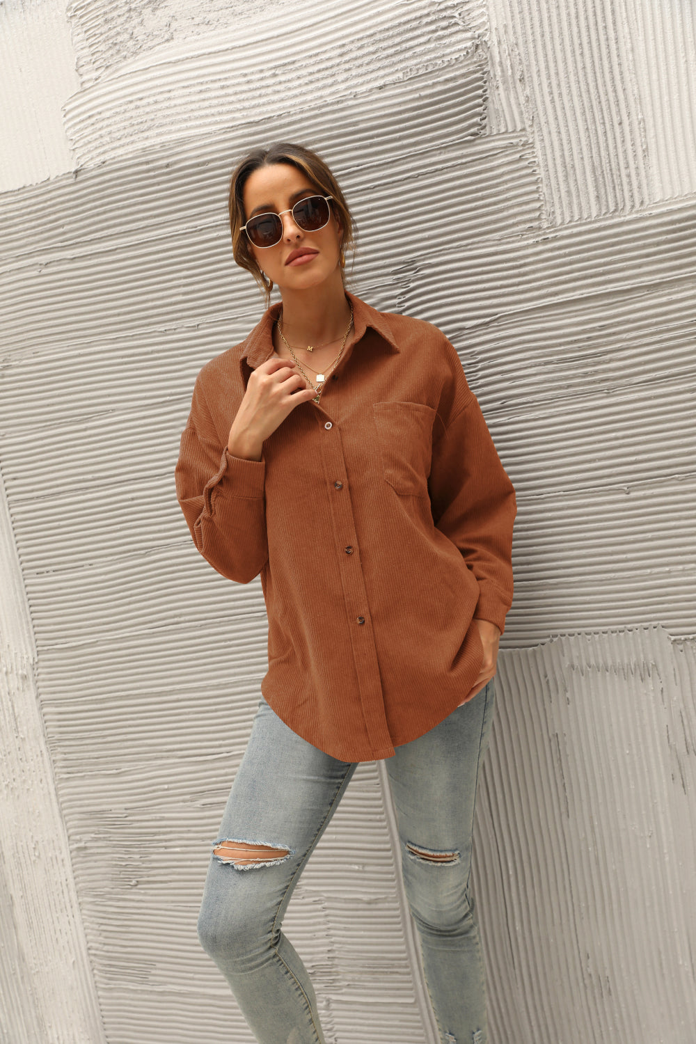 Mandy Button Front Drop Shoulder Corduroy Shirt