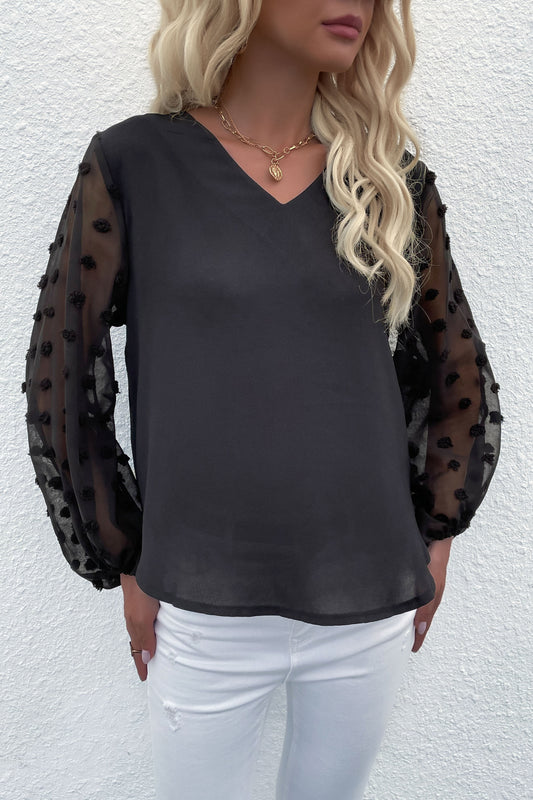 Perfee Swiss Dot Sleeve V-Neck Top