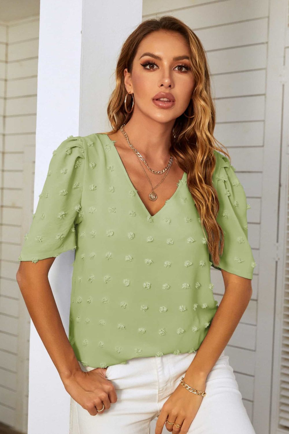 Mandy Swiss Dot V-Neck Puff Sleeve Blouse