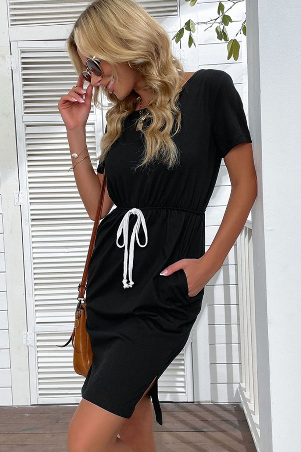 Perfee Side Slit Drawstring Round Neck Dress